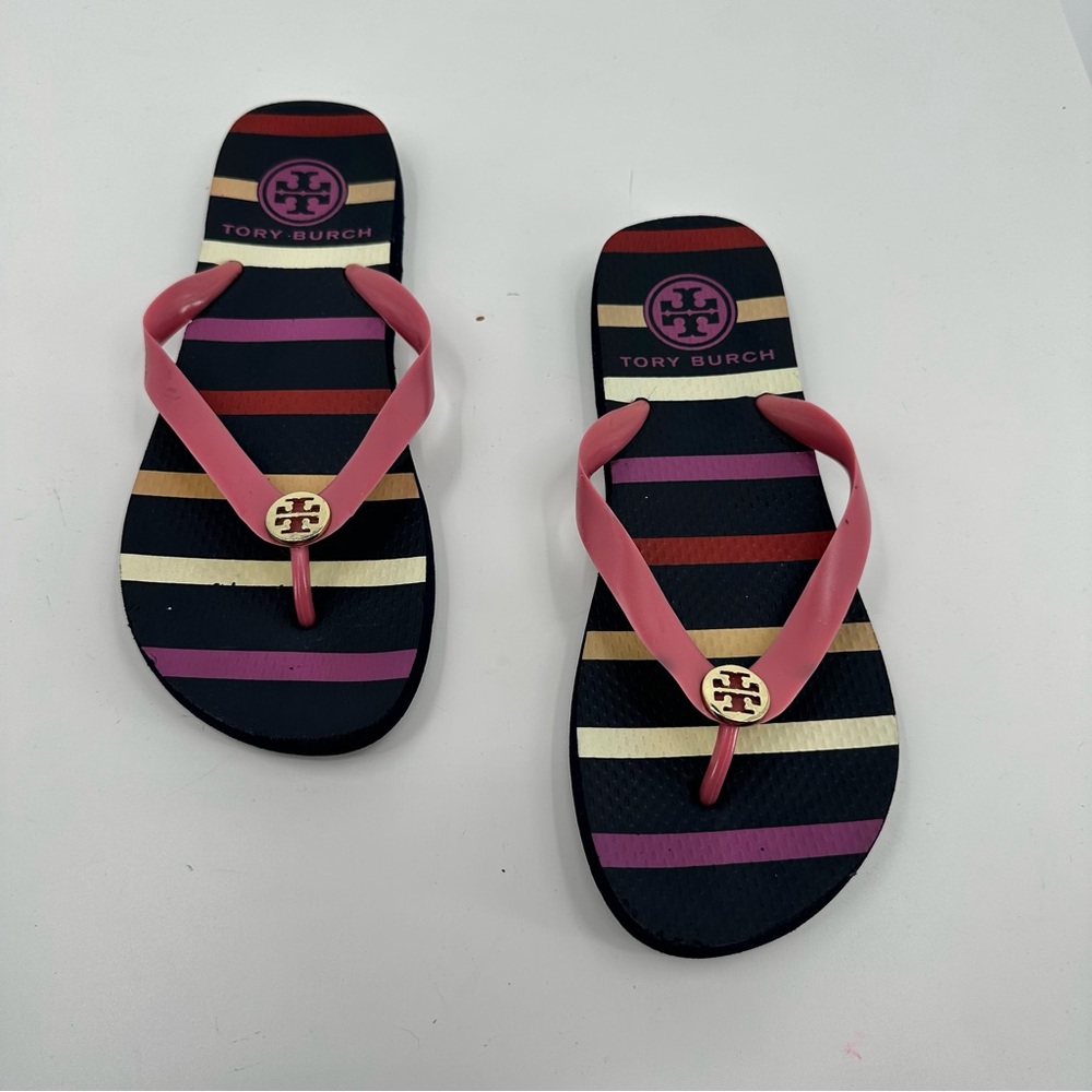 Tory Burch Pink Strap Multicolor Stripe Flip Flops Size 9